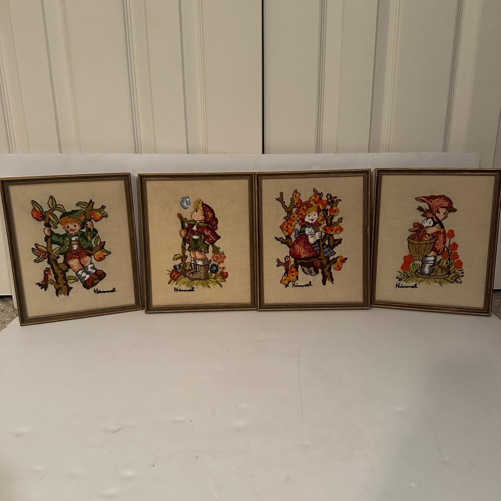 Vintage 1975 set of 4 Hummel Crewel Embroidery Framed